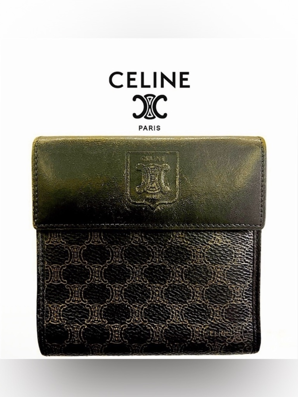 Celine Macadam Triomphe Logo Black and Gold/Tan Leather Double Snap Wallet
